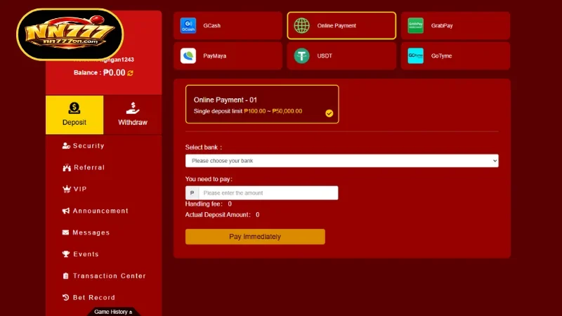 Detailed Instructions for Successfully Completing an NN777 Deposit